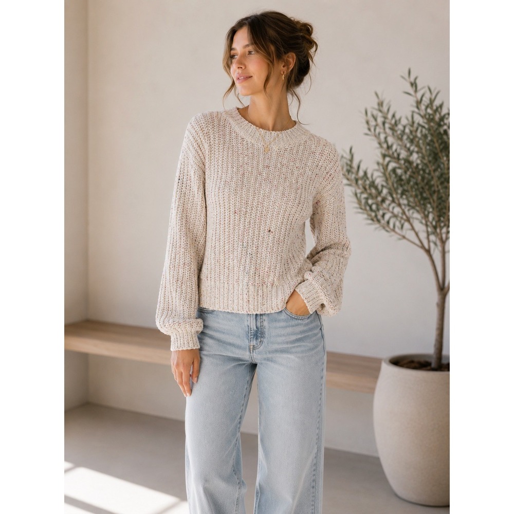 New Directions Cream Confetti Popcorn Chunky Crewneck Ribbed Knit Sweater S